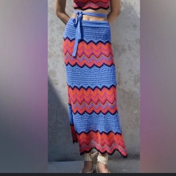 Zara Dresses & Skirts - Zara crochet knit maxi skirt zig zag Missoni small s blue orange pink